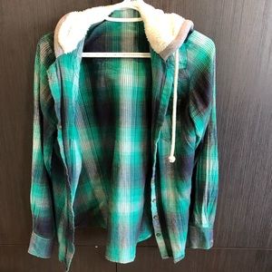 Plaid Button-Up with Furry Hood